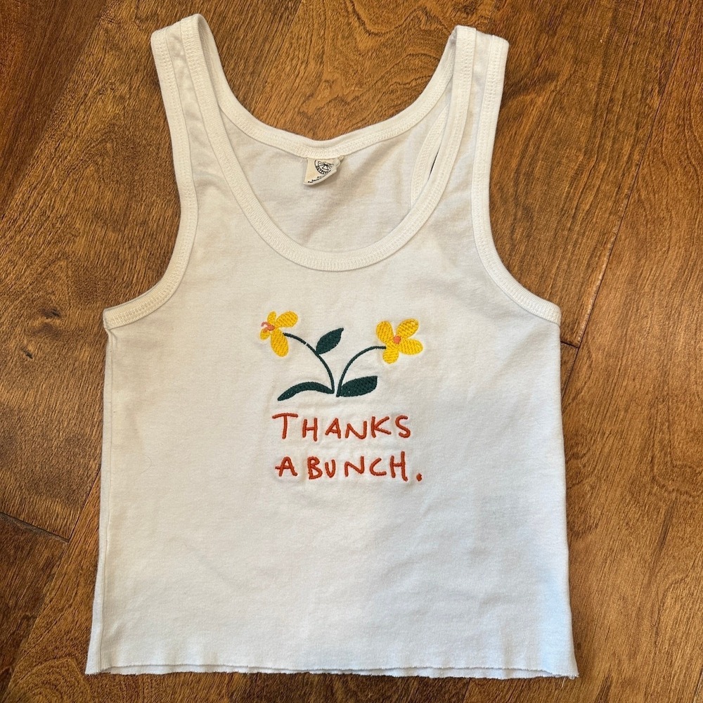 Urban Outfitters Tank Top XS White Thanks A Bunch Embroidered Floral Boho Retro